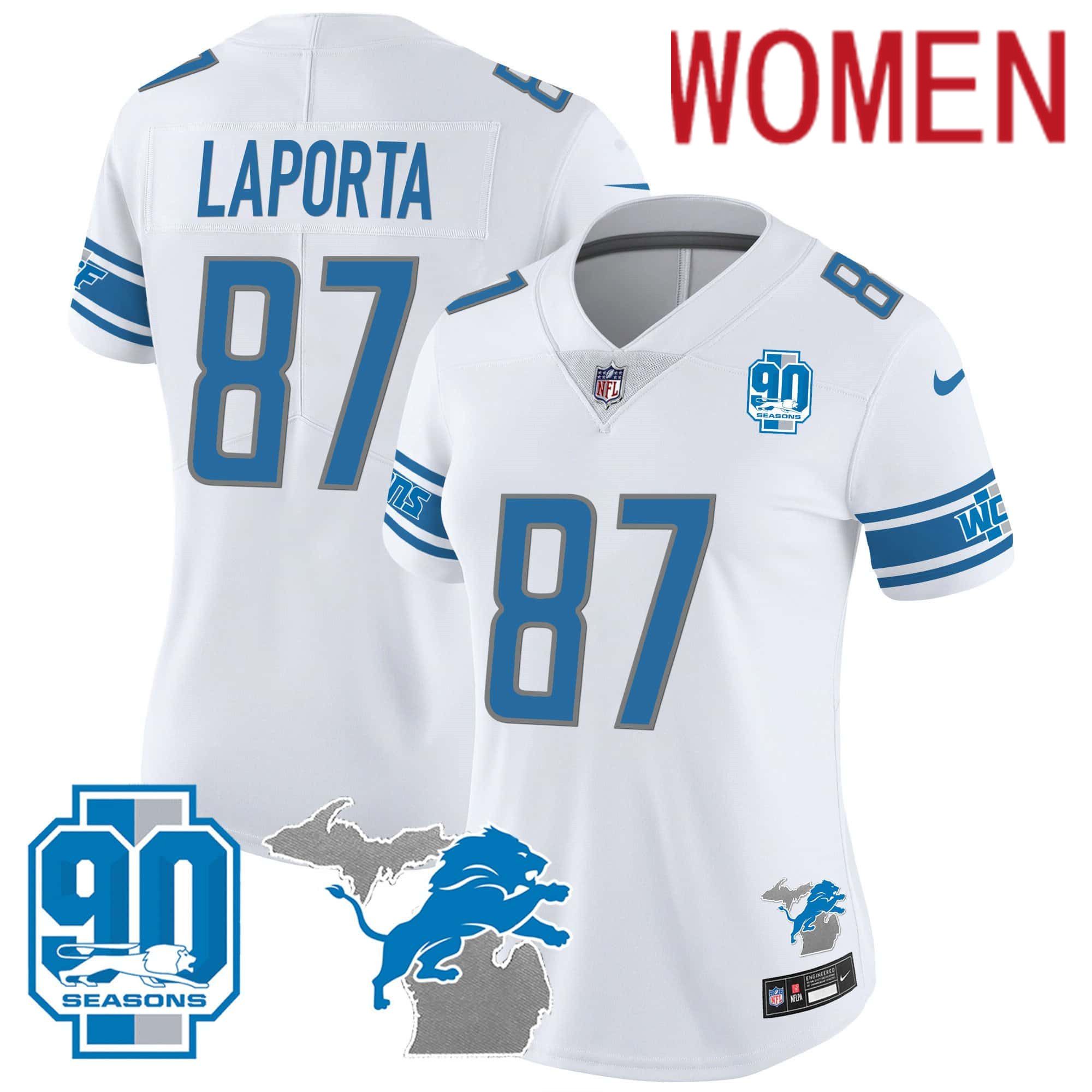 Women Detroit Lions 87 Laporta White 2024 Nike 90th Year Michigan Patch Vapor NFL Jersey
